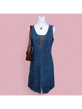 90s Blue Denim Dress with Lace Up Front